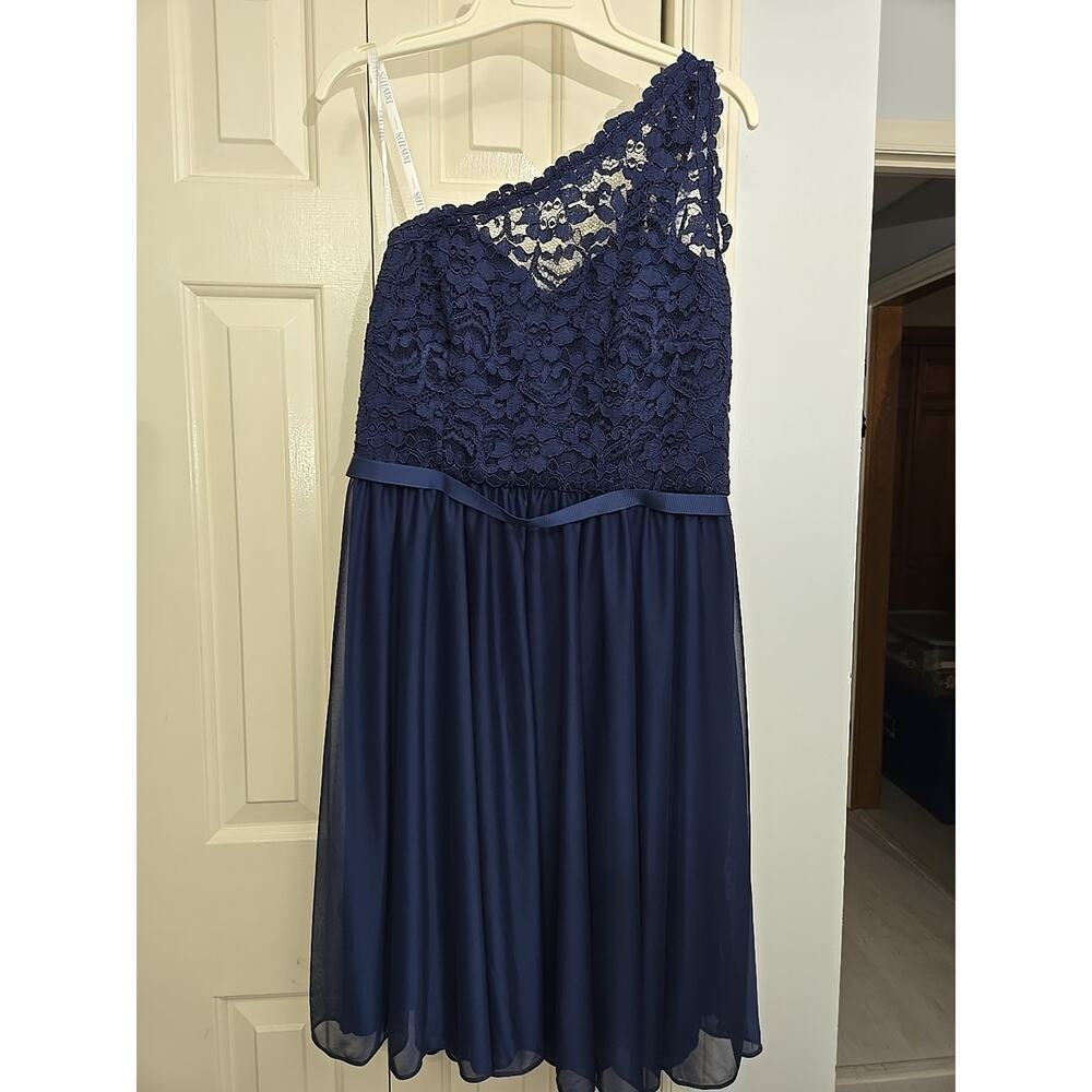 DAVIDS BRIDAL Navy Blue Chiffon Lace BRIDESMAID One Sleeve Dress Woman’s 12 Sexy